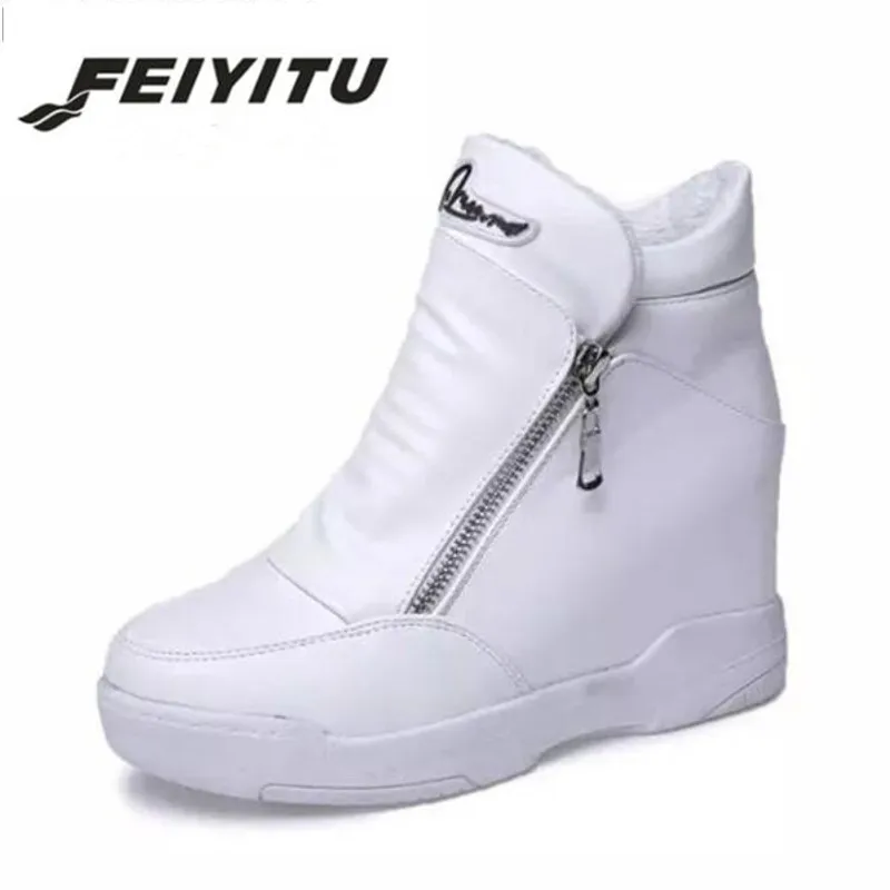 Feiyitu 2018 зимняя женская кожаная повседневная обувь увеличивающие рост ботильоны