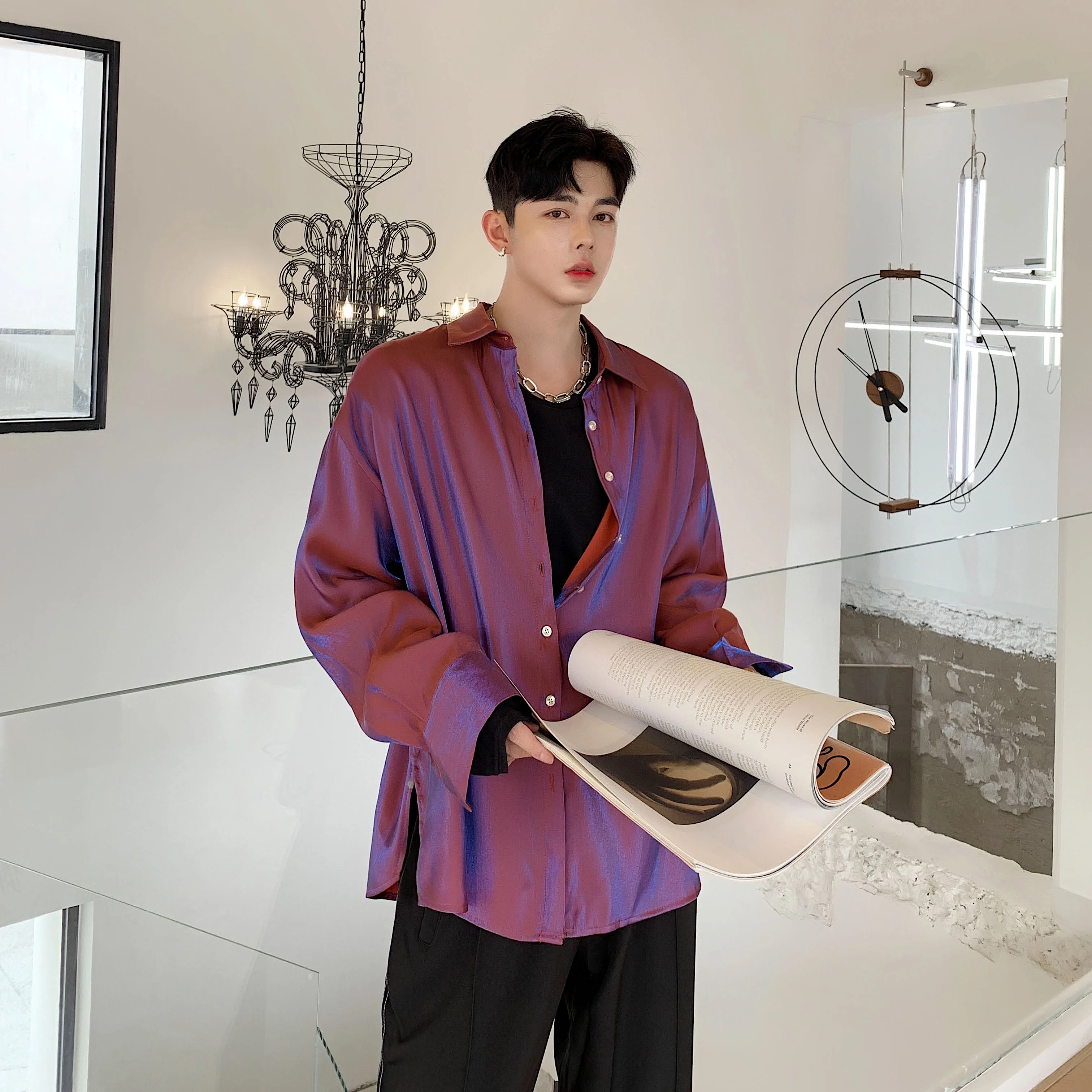 

Men Fashion Shining Long Sleeve Casual Shirts Male Women Streetwear Hip Hop Shirt Vintage Fashion Stage Show Clothes