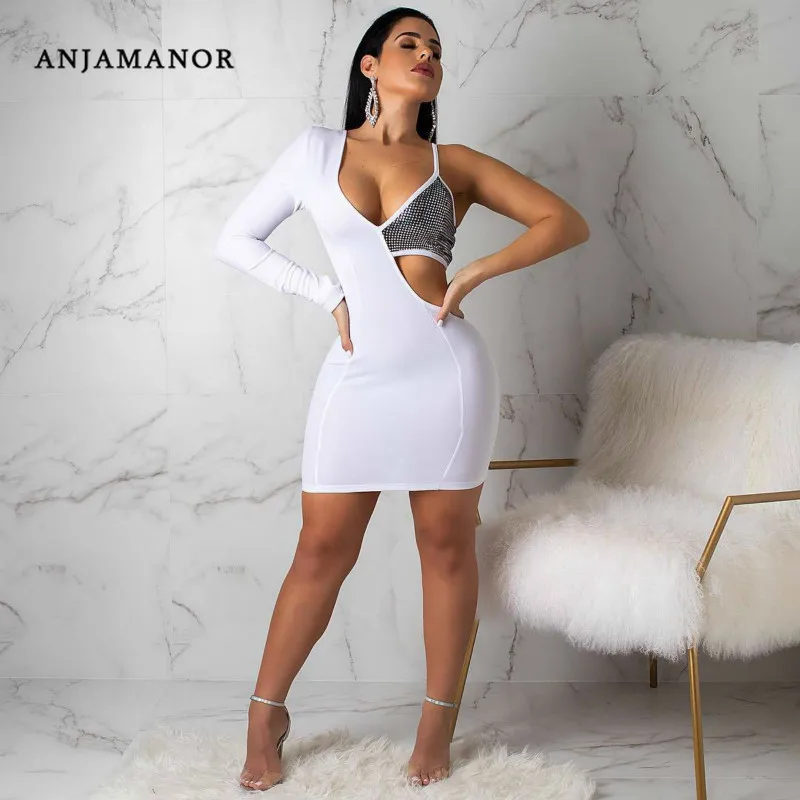 Женское облегающее платье ANJAMANOR белое с блестками на одно плечо вырезом короткое