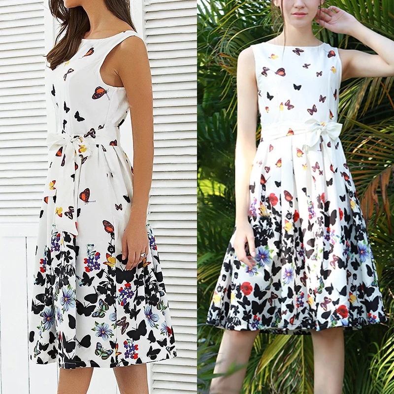 Ремень женское платье Лето S ~ 2XL расклешенный стиль Бабочка печатных рукавов