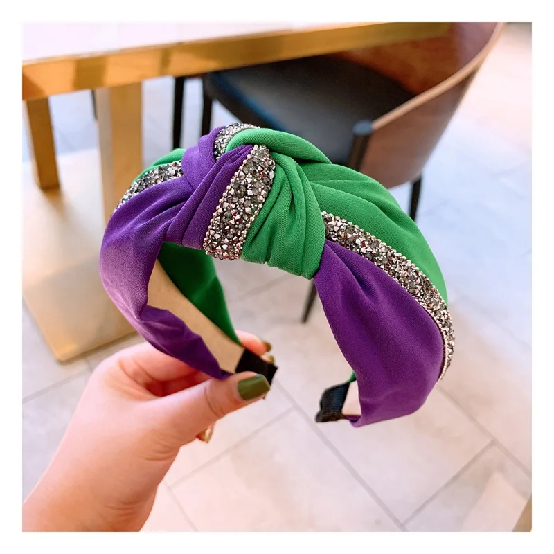 20783 purple green Модные повязки для волос с узлом тюрбан для женщин, пестрые повязки на голову с драгоценными камнями, повязка на голову, Diademas Bordadas Haar аксессуары - Цвет: 20783 purple green