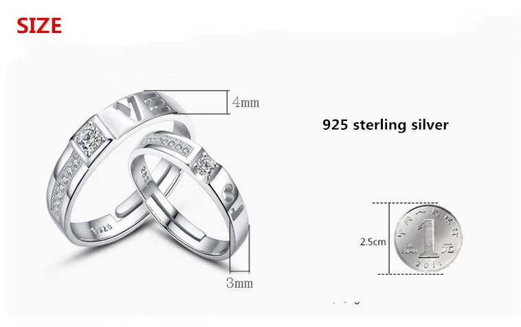 100% 925 sterling silver romantic love letter shiny crystal lovers`rings adjustable finger ring jewelry engagement gift cheap | Украшения и