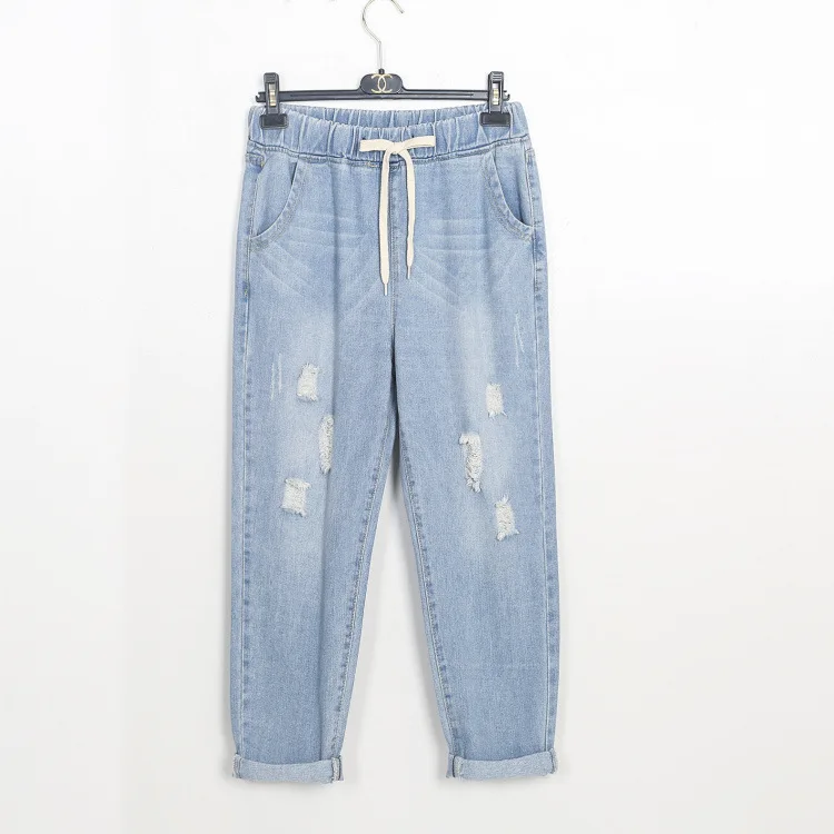 Light blue Jeans Штаны-шаровары размера плюс 5XL для женщин, студенческие свободные джинсы бойфренды, брюки длиной до щиколотки, Женские панталоны, женские Стрейчевые брюки - Цвет: Light blue Jeans