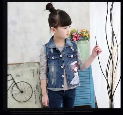Spring and Autumn Cool Children's Wear Cotton Children Denim Vest Jacket Beads Cartoon Pattern Embroidered Lapel Jacket4-7Y | Детская