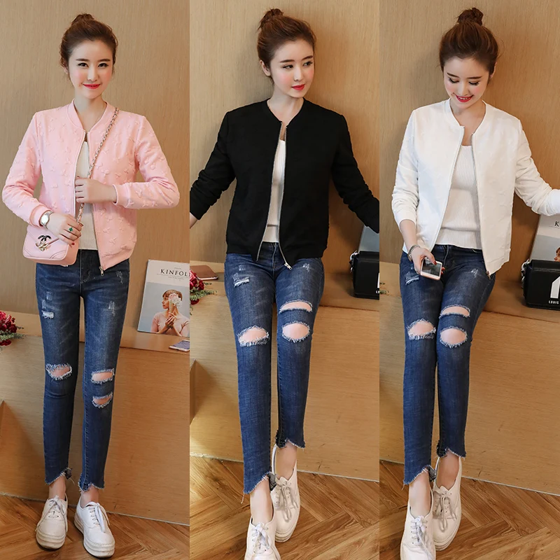 Women biker jacket coat baseball bomber jackets female outwear Pink white black 3 color long sleeve