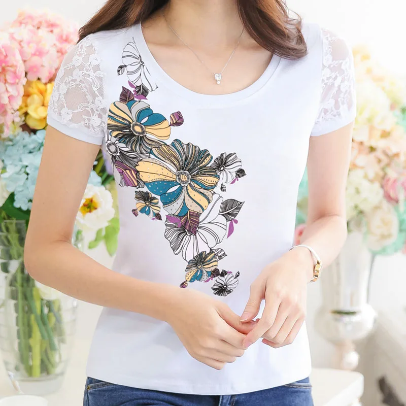 Camisetas verano mujer женские Стразы с коротким рукавом футболки женские топы с бриллиантами цветочный принт женские футболки Vetement Femme