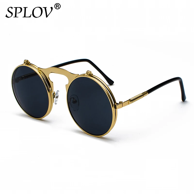 C1GoldBlackGrey SPLOV, Ретро стиль, стимпанк, флип, солнцезащитные очки, Ретро стиль, круглая металлическая оправа, солнцезащитные очки для мужчин и женщин, фирменный дизайн, круглые очки Oculos - Цвет линз: C1GoldBlackGrey