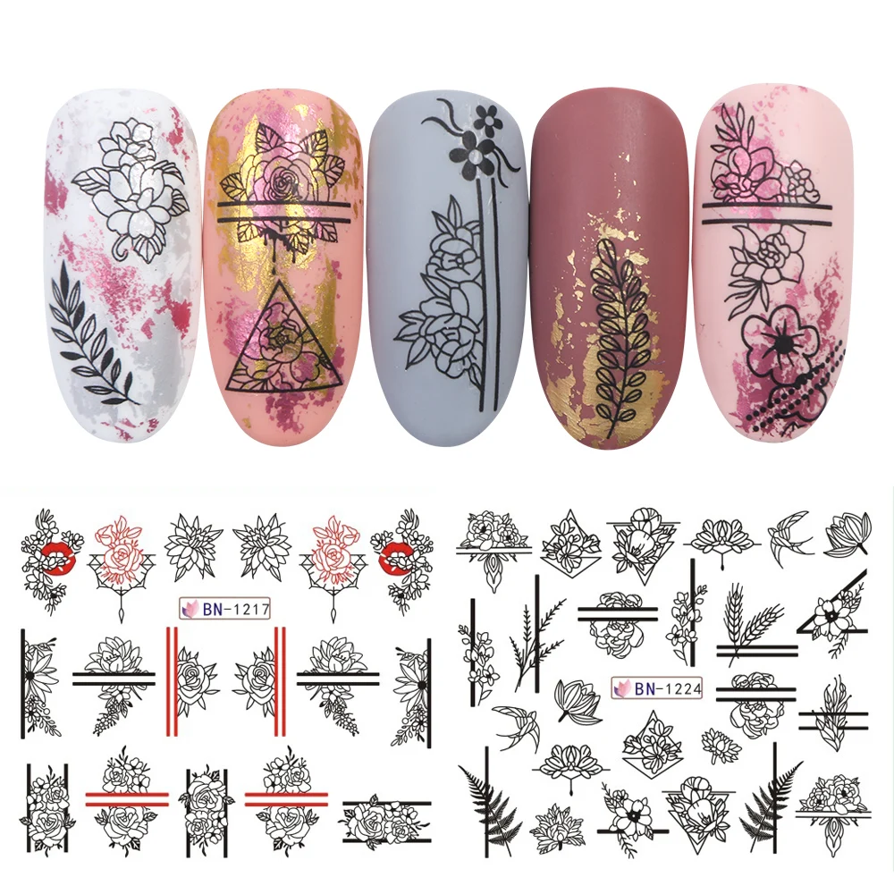 12 шт. Водные Наклейки для ногтей акварельные чернила кружевные цветы полый