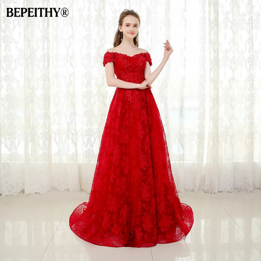 BEPEITHY с открытыми плечами короткими рукавами и кружевами вечернее платье