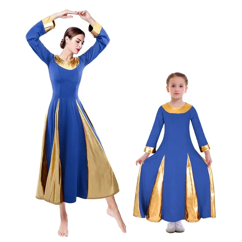 Royal Blue with Gold Элегантный церковь платья для Для женщин взрослых и Девочка Семейные комплекты похвалы плиссированное платье балетное платье литургические платье для танцев - Цвет: Royal Blue with Gold