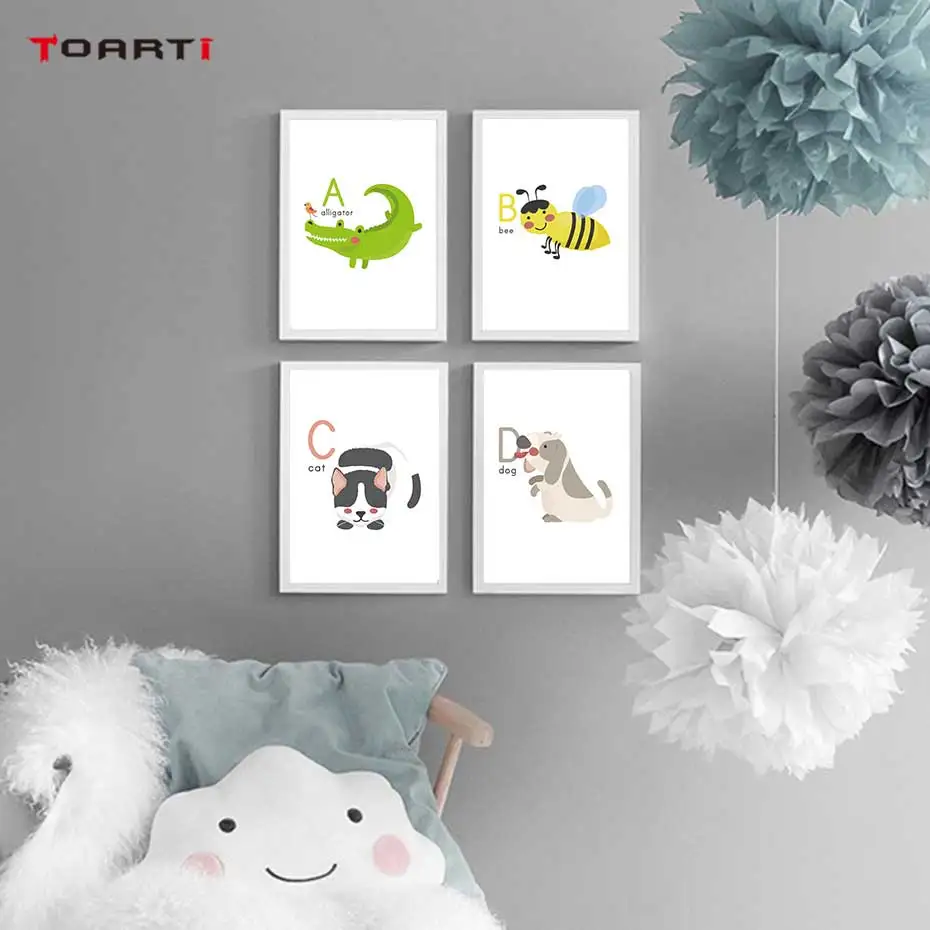 Мультфильм Животные Алфавит ПЕЧАТЬ Плакаты Аллигатор пчела холст картина на