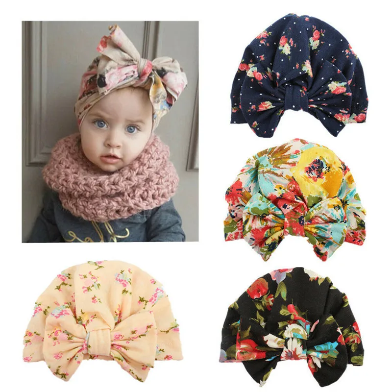 

4 PCS/Lot Flower Bonnet Hat Cap with Big Bow For Baby Girl Infant Newborn Hair Printing Floral Cotton Fashionable Hats
