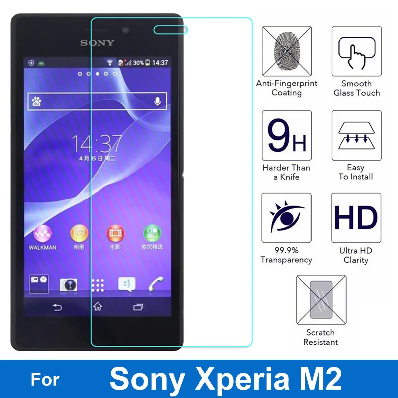 Защитное стекло закаленное 9H для Sony Xperia M2 S50h D2302 D2303 D2306 Dual Aqua D2403 D2406|protector google|protector