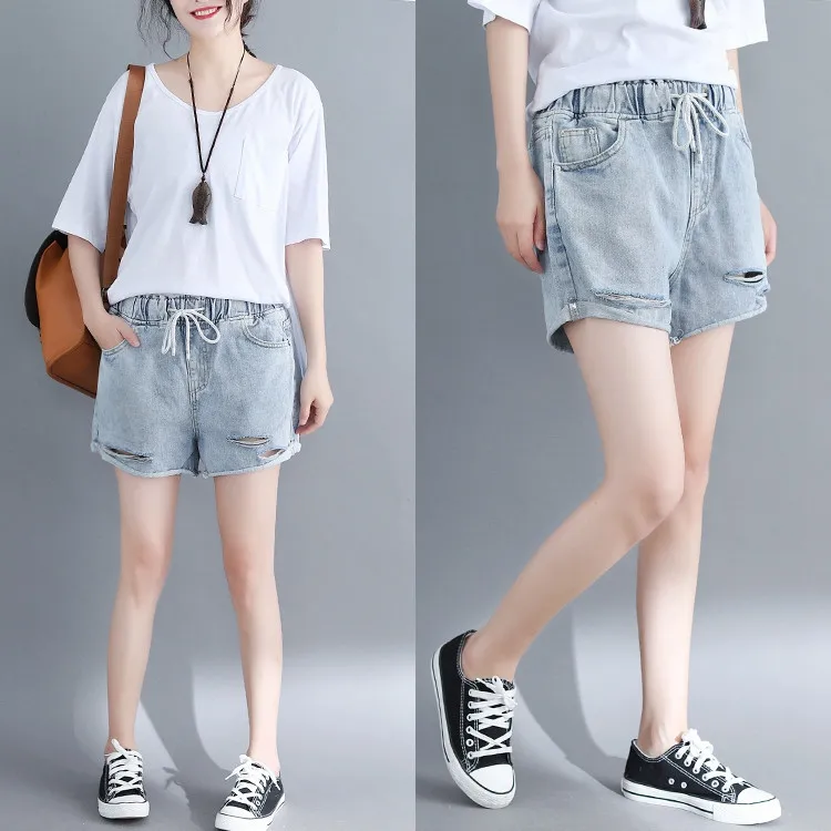 Summer Women Shorts Denim Hole Elastic Waist Bleached Casual Vintage Female Cowboy Wild Fashion | Женская одежда