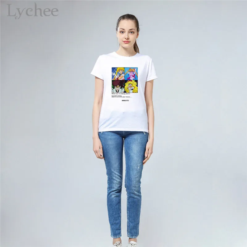 Женские футболки Lychee с принтом японского аниме Сейлор Мун, белая Повседневная футболка с круглым вырезом и коротким рукавом, женская футболка