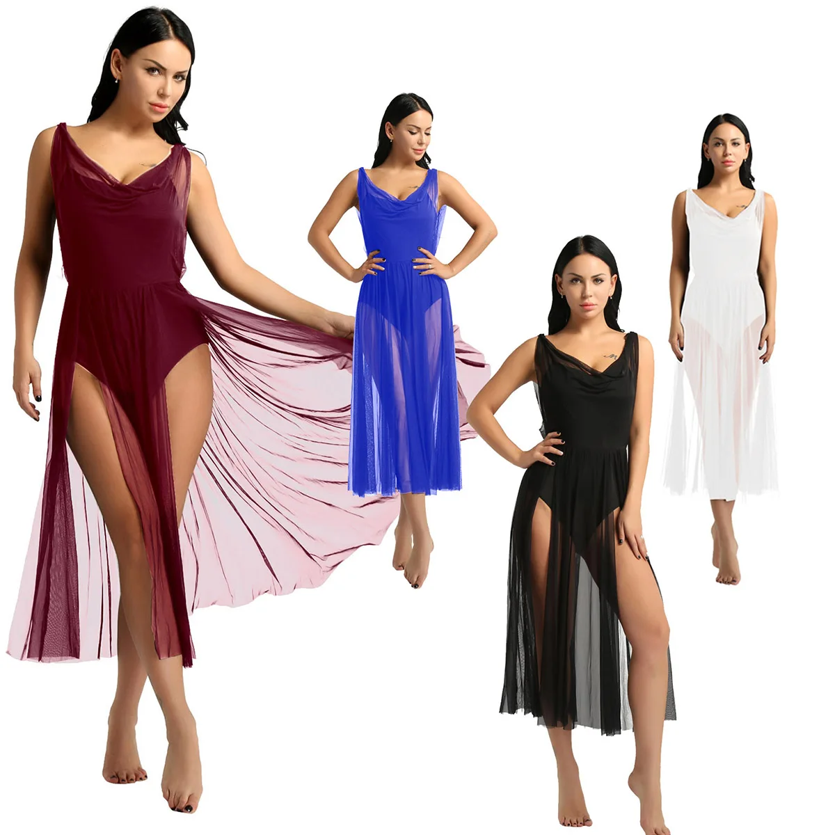 Женское балетное платье для лирических танцев Сетчатое без рукавов с разрезом