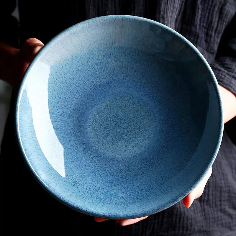 

Ceramic bowl kiln glaze blue Japanese 9-inch shallow soup bowl restaurant dish plate western food pasta bowl salad bowl