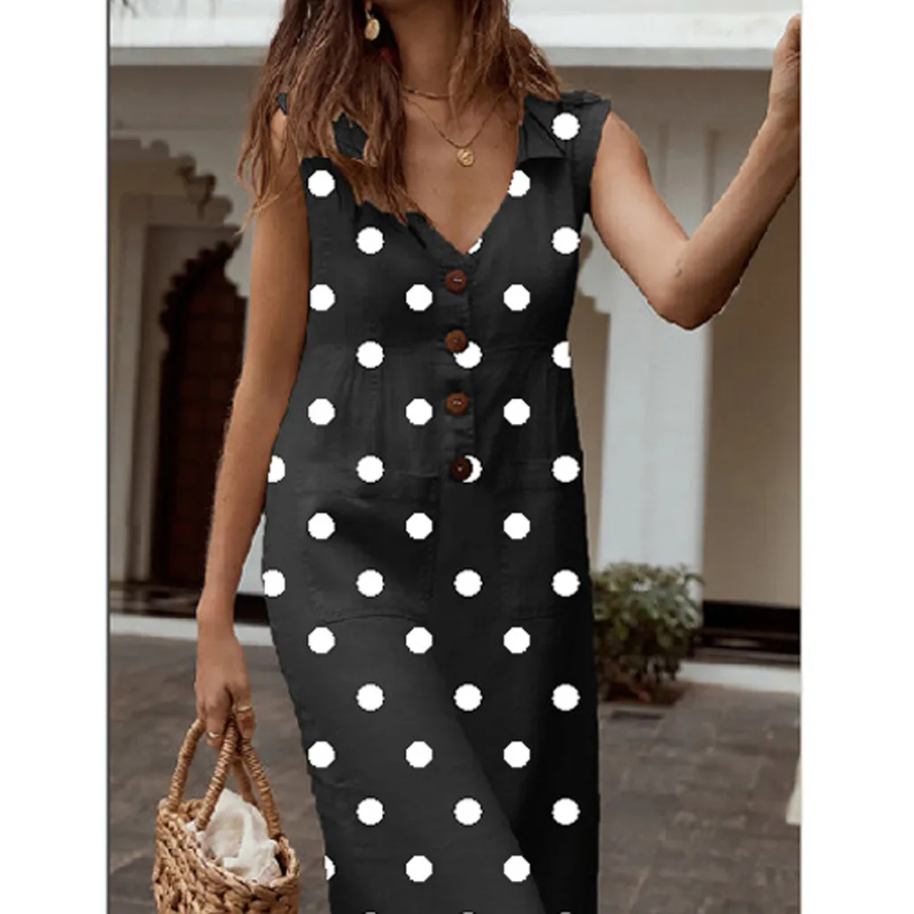 Women dresses Women's Elegant Dot Print Boho Dress Turn-down V-neck Button Pocket Clothing | Женская одежда