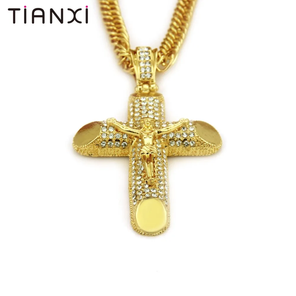 Hip Hop Alloy Gold Color Cross Pendant Necklace Religious Iced Out crystal Crucfix Jewely For Men Free Chain |