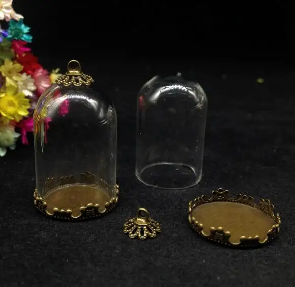 300sets/lot 30*20mm wholesale mix color tube bell jars glass vial pendant with flower tray metal cap diy bottle cover dome | Украшения и