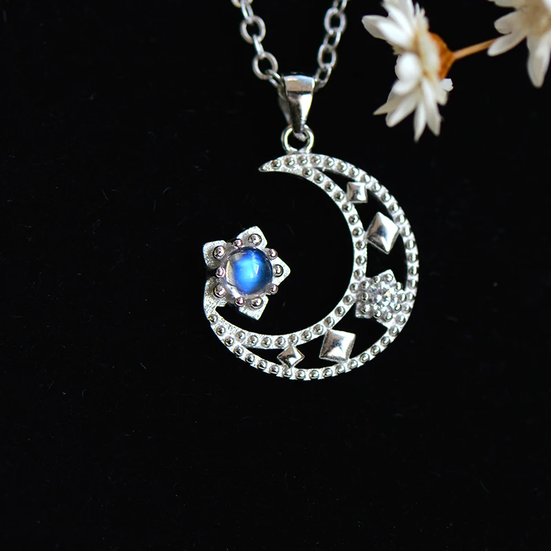 2018 Promotion Top Fashion Nepal Bali 925 Sterling Inlaid Natural Moonstone Pendnat Necklace For Women Star&ampmoon Pendant Jewels |