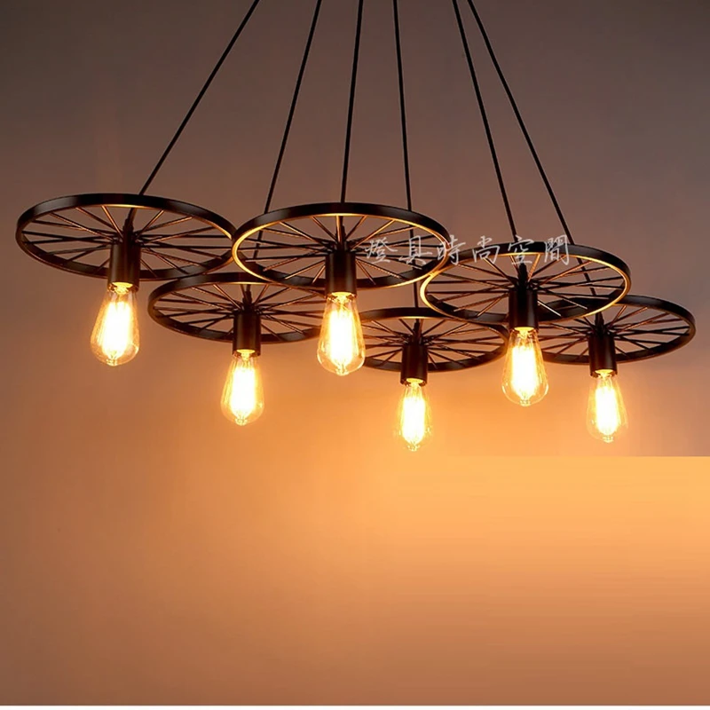 

LukLoy Industrial Lighting, Nordic Iron Wheel Ktchen Chandelier Lighting Retro Edison Lamp Lights Pendant for Home Dining Room