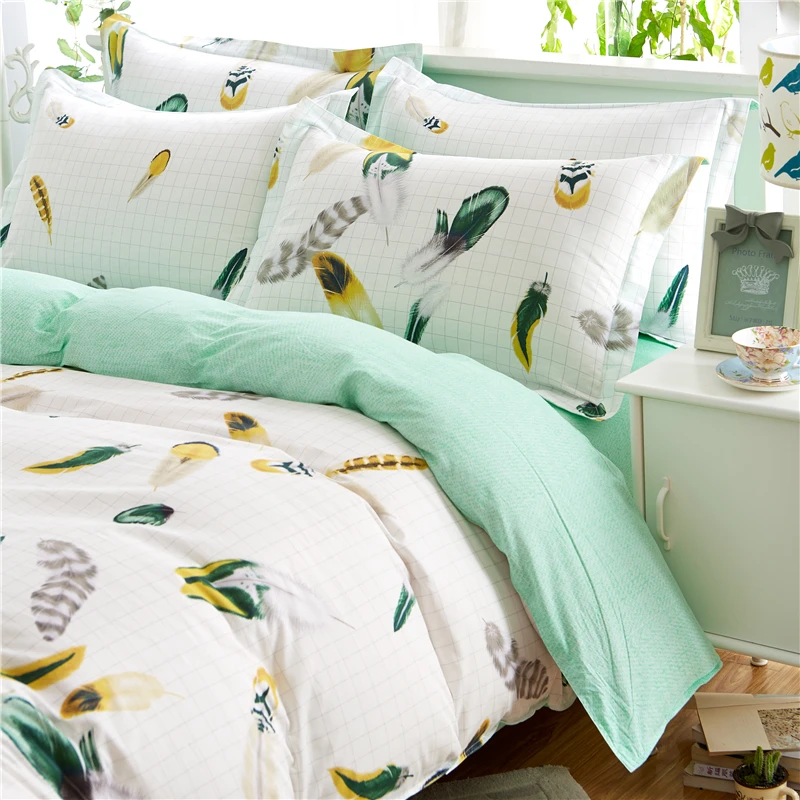 Home Textiles Green Cute Feathers Style 100%Cotton Bedding Sets 4Pcs Of Duvet Cover Bed Sheet Pillowcase King Queen Full Twin | Дом и сад