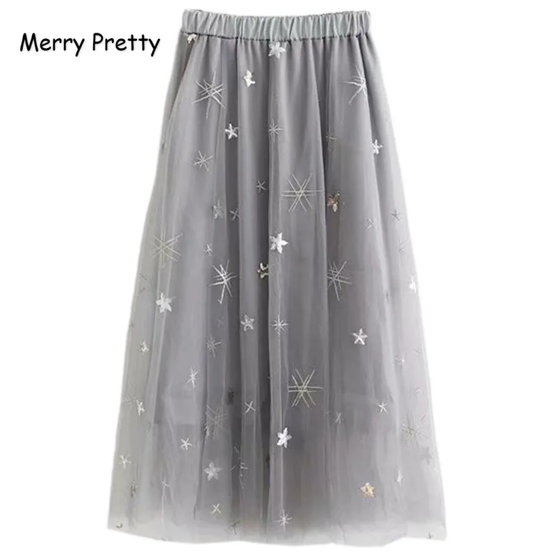 Merry Pretty, высококачественная, элегантная, фатиновая, длинная, плиссированная юбка, для женщин, со звездами, вышивка, а-силуэт, пачка, кружевная, сетчатая юбка, для женщин, юбка миди