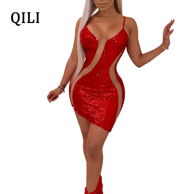 QILI 2019 новое популярное женское платье с блестками Сетчатое лоскутное короткое