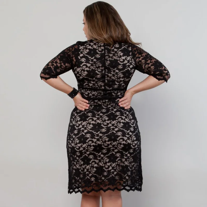 Plus Size Dress XXXL Women Lace Party Dresses 2017 New Elegant Big Slimming Straight Deep V-Neck Knee-Length | Женская одежда