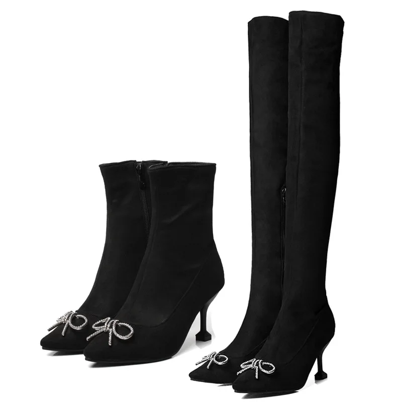 Облегающие сапоги до бедра женская обувь на шпильке с бантом и кристаллами В