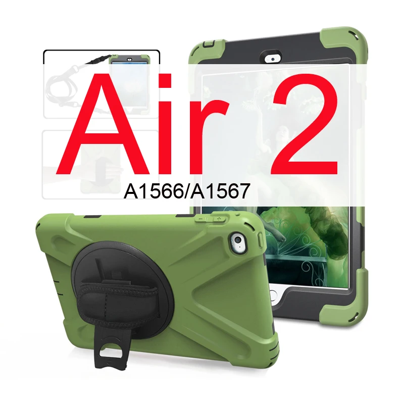Чехол для iPad Air 1 2 9,7 детский противоударный сверхпрочный силиконовый Жесткий чехол+ ремешок на руку для iPad Air 2 Чехол 5 6 Чехол подставка - Цвет: Armor Green