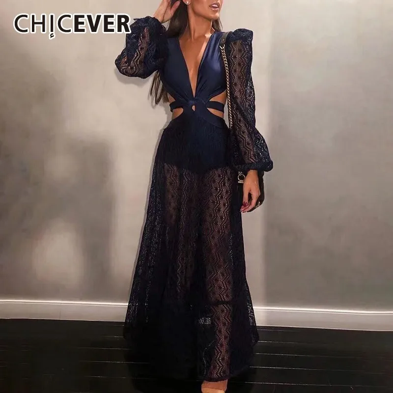 CHICEVER сексуальное открытое платье для женщин v-образный вырез рукав-фонарик