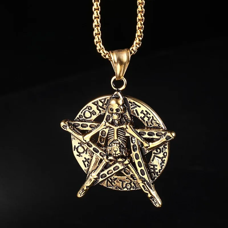 RIR Gothic Silver Gold Skull Five-pointed Star Satanic Pendant Necklace Punk Rock Style Round Pendant For Men Fashion Jewelry