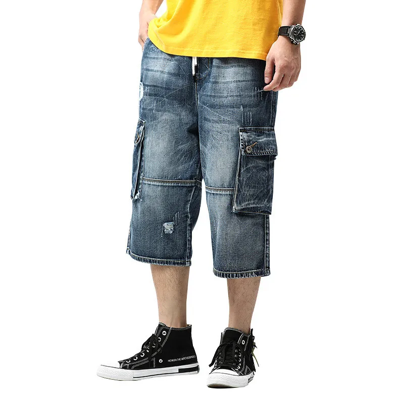 MORUANCEL Для мужчин Мешковатые рваные Короткие джинсы с несколькими карманами