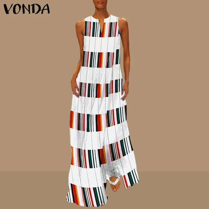 VONDA, женское Полосатое клетчатое платье,, сексуальное, без рукавов, из кусков, v-образный вырез, макси, длинное платье, праздничное, повседневное, свободное, Vestidos размера плюс