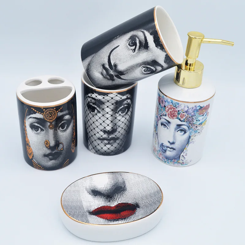 Винтаж Fornasetti аксессуары для ванной комнаты Набор керамическая чашка держатель для зубной щетки мыло диспенсер путешествия мыло держатель шампунь бутылка для ванны