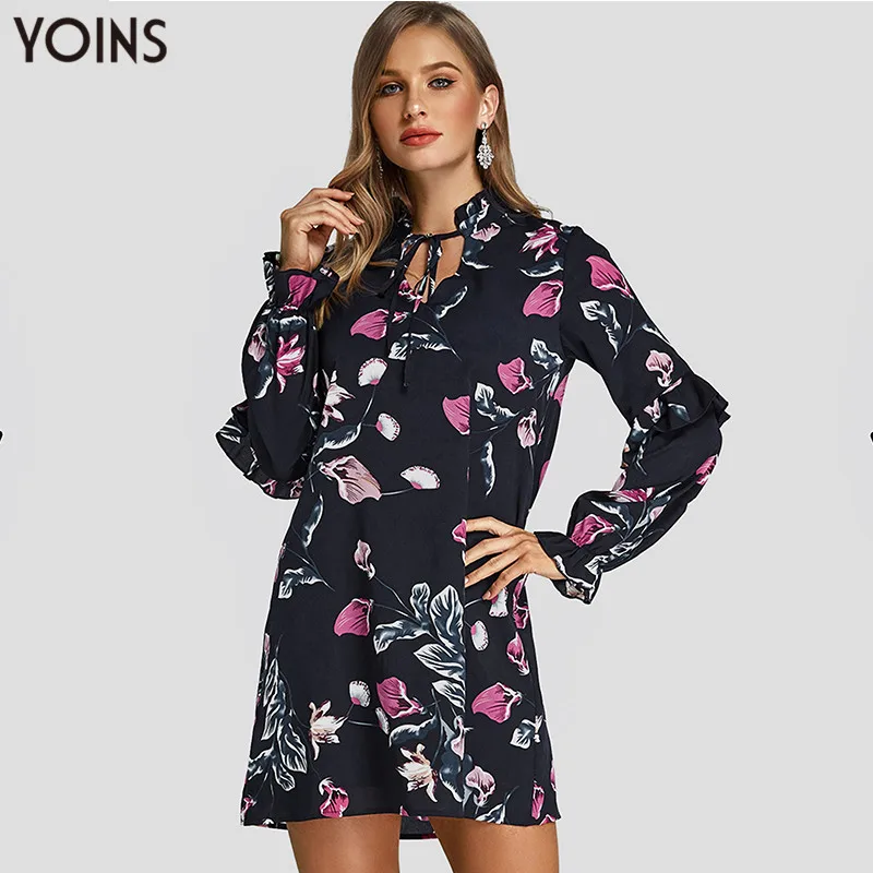 NEW 2020 YOINS Summer Autumn Women Dress Sexy Long Sleeve Lace-up Floral Print Mini Dresses Vintage Vestidos Streetwear | Женская одежда