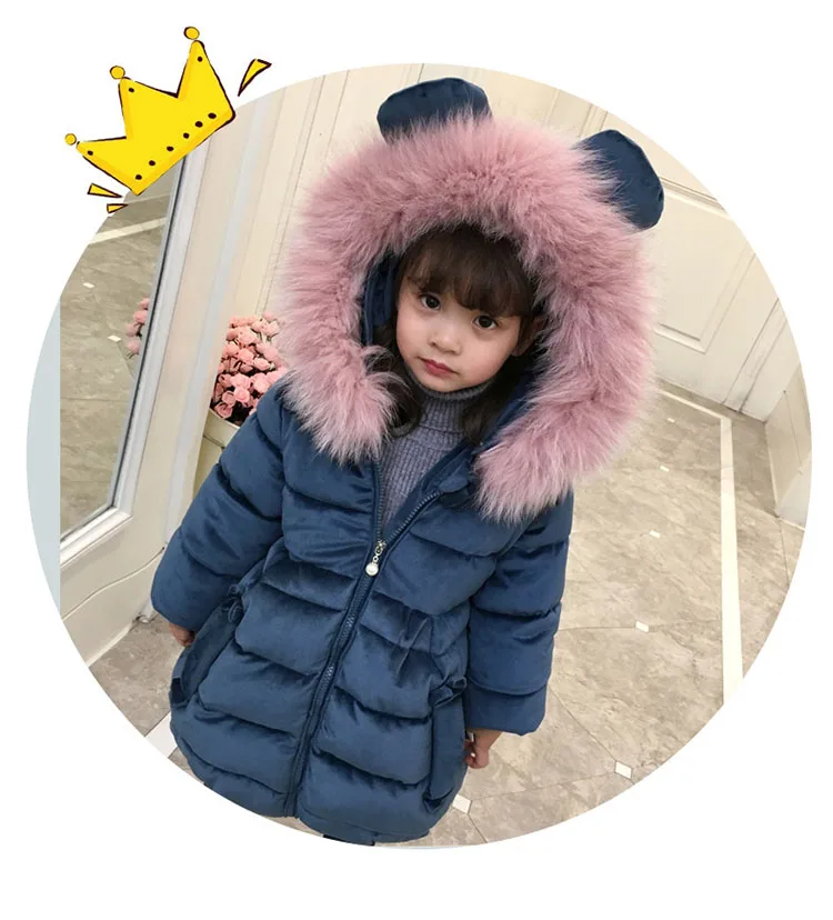 Зимняя куртка для девочек; пальто для малышей; bebe; Детские Бархатные Топы; парка; длинный зимний комбинезон; пуховая одежда с хлопковой подкладкой; розовый меховой воротник; капюшон