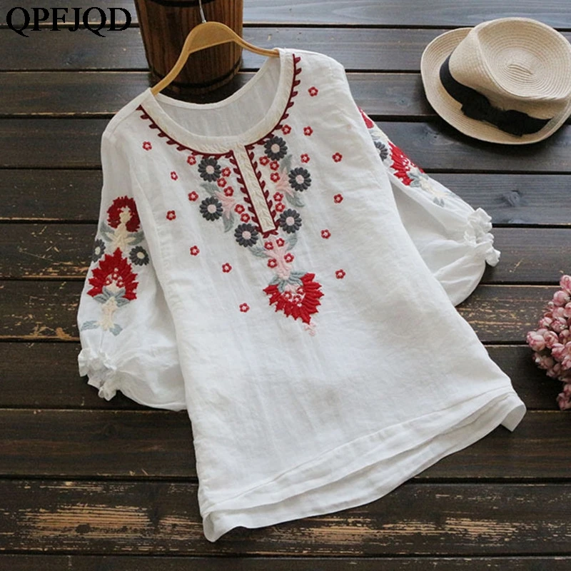 Блузка женская с цветочной вышивкой модная рубашка из хлопка и льна в стиле бохо