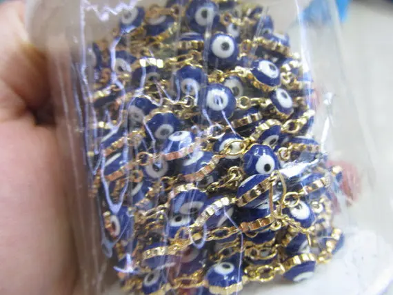 

50% off 10M 33FOOT--Wholesale Multi-Evil Beaded Wire Wrapped Beaded Chain - GOLD Plated Rosary Style Chain -Chain