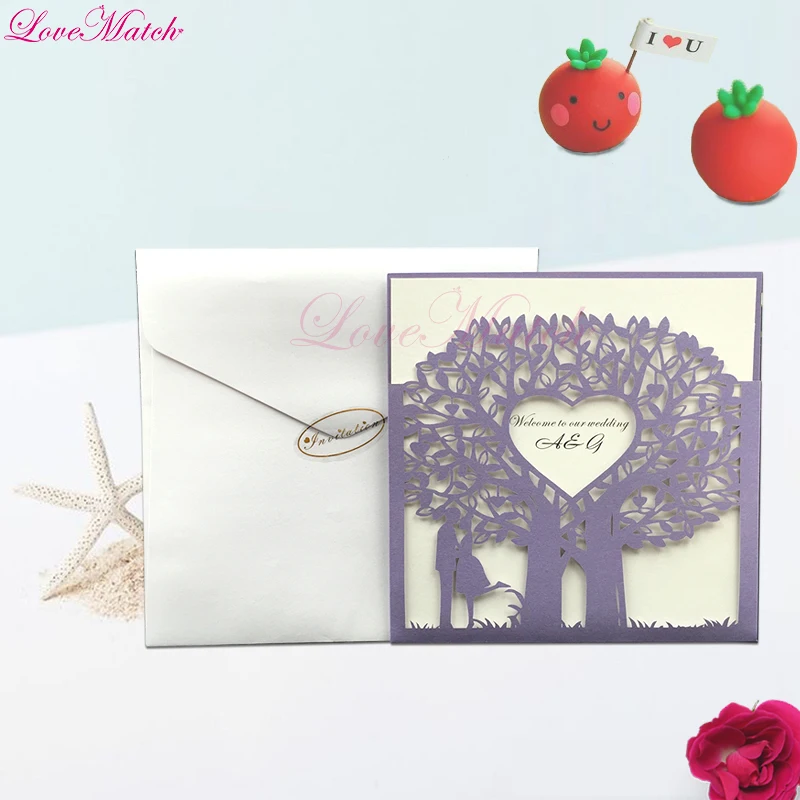 50pcs/lot Laser Cut Lovers Tree Heart Invitation Card for Wedding Guest Greedting Cards Can Be Customized Party Supplies |