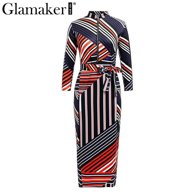 Glamaker, плюс размер, принт, неровная полоса, длинное платье для женщин, летнее, стоячий воротник, на молнии, бодикон, платье для женщин, уличная мода, сексуальное платье