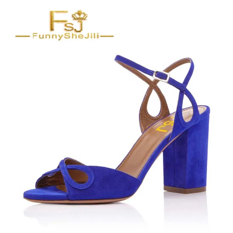 

Women's Royal Blue Suede Chunky Heels Ankle Strap Sandals For Prom Summer Incomparable Generous Attractive Noble Fashion FSJ