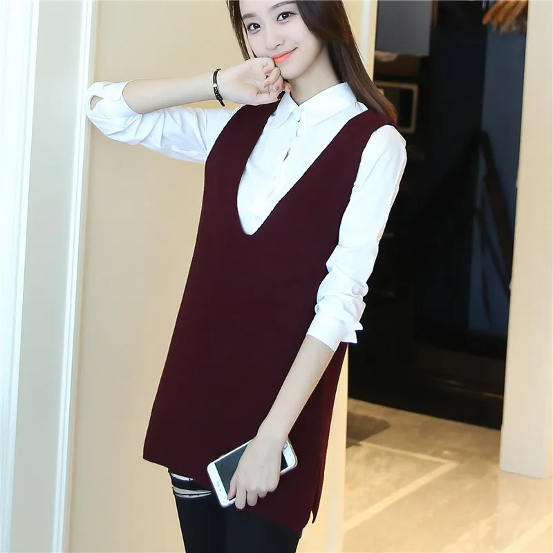 Loose V-neck long sweaters women's head sleeveless sweater vest outer jacket |