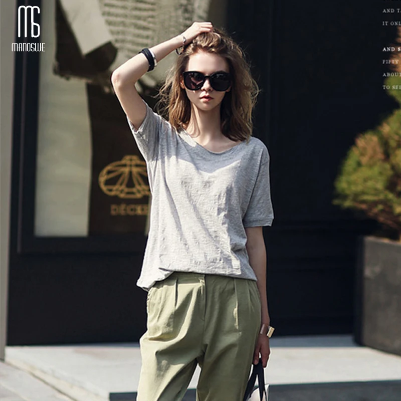 MANOSWE/Летняя женская Однотонная футболка с коротким рукавом повседневная