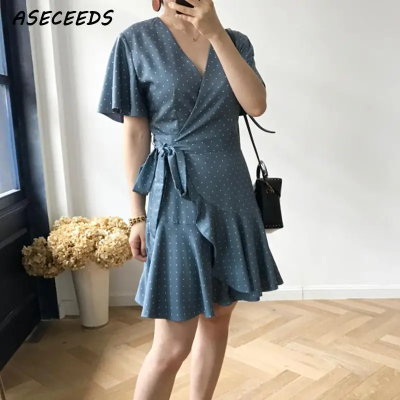 Корейская модная одежда рюшами пляжное платье Элегантный vestidos горошек wrap dress