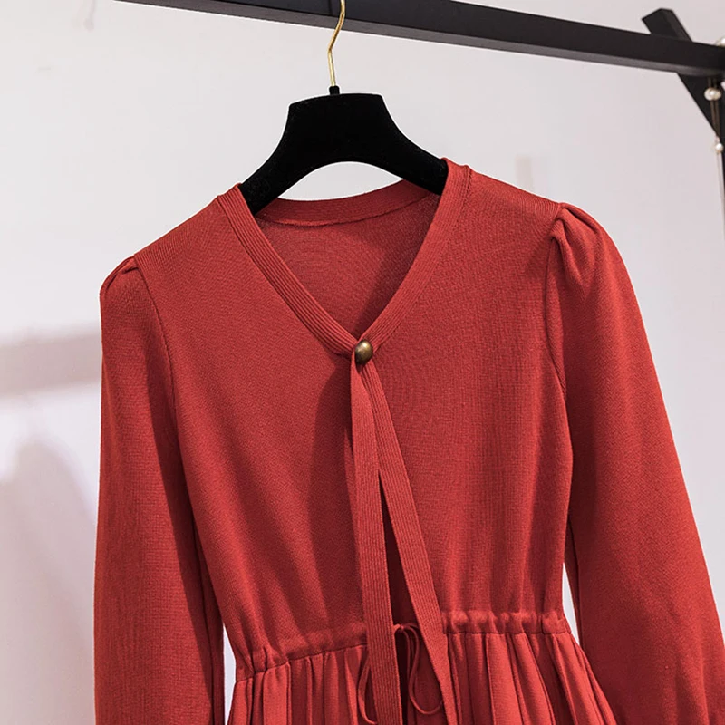Новинка сезон весна-осень модные вязаные платья на завязках с v-образным вырезом