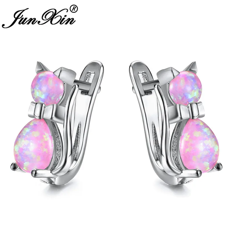 Silver Pink Opal Милые женские маленькие серьги-кольца с котом, синие, фиолетовые, розовые, белые серьги с огненным опалом для женщин, 925 пробы, серебряные, розовые, золотые серьги - Окраска металла: Silver Pink Opal