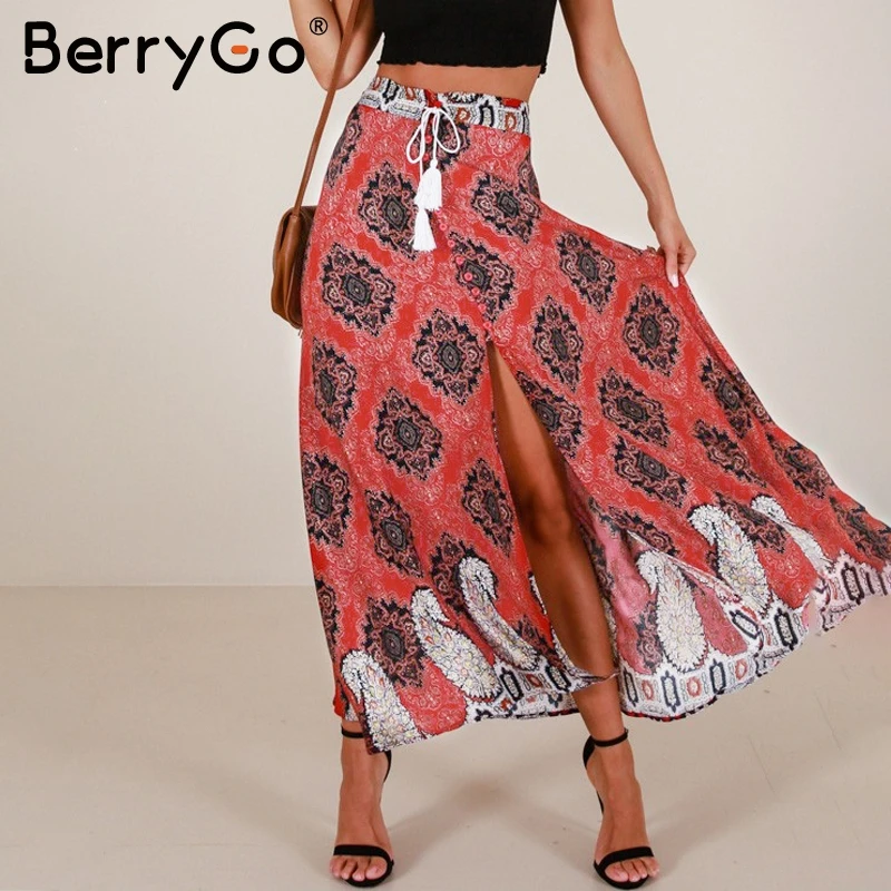 BerryGo, Женская Длинная юбка с высокой талией, с разрезом, с кисточками, летняя, стильная, Пляжная, макси юбка,, повседневный пояс с цветочным узором, Женская юбка с запахом